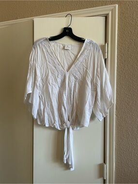 White Embroidered V-Neck Tie-Front Blouse by Umgee